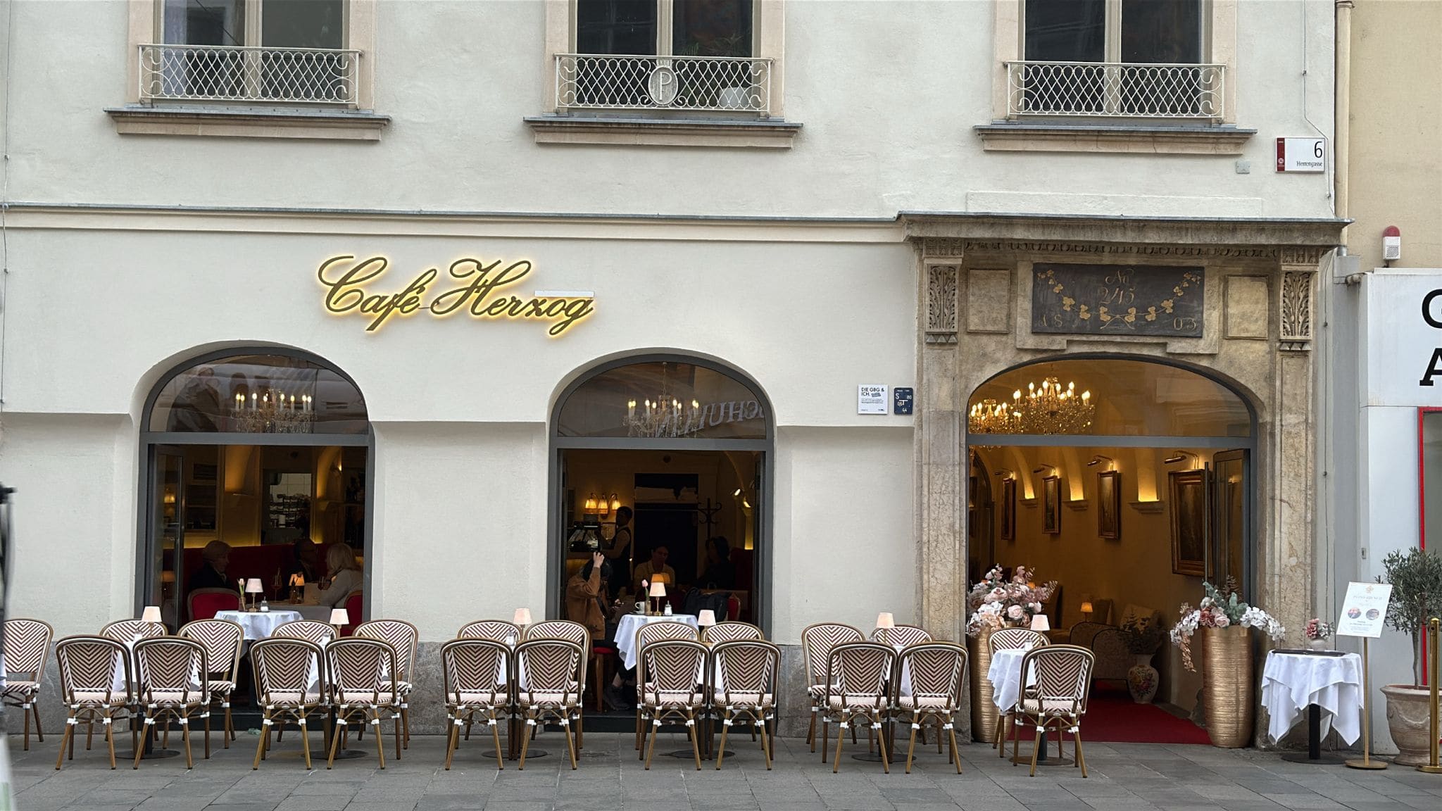 Exterior view of Café Herzog on Herrengasse at the historic Herzogshof, Graz